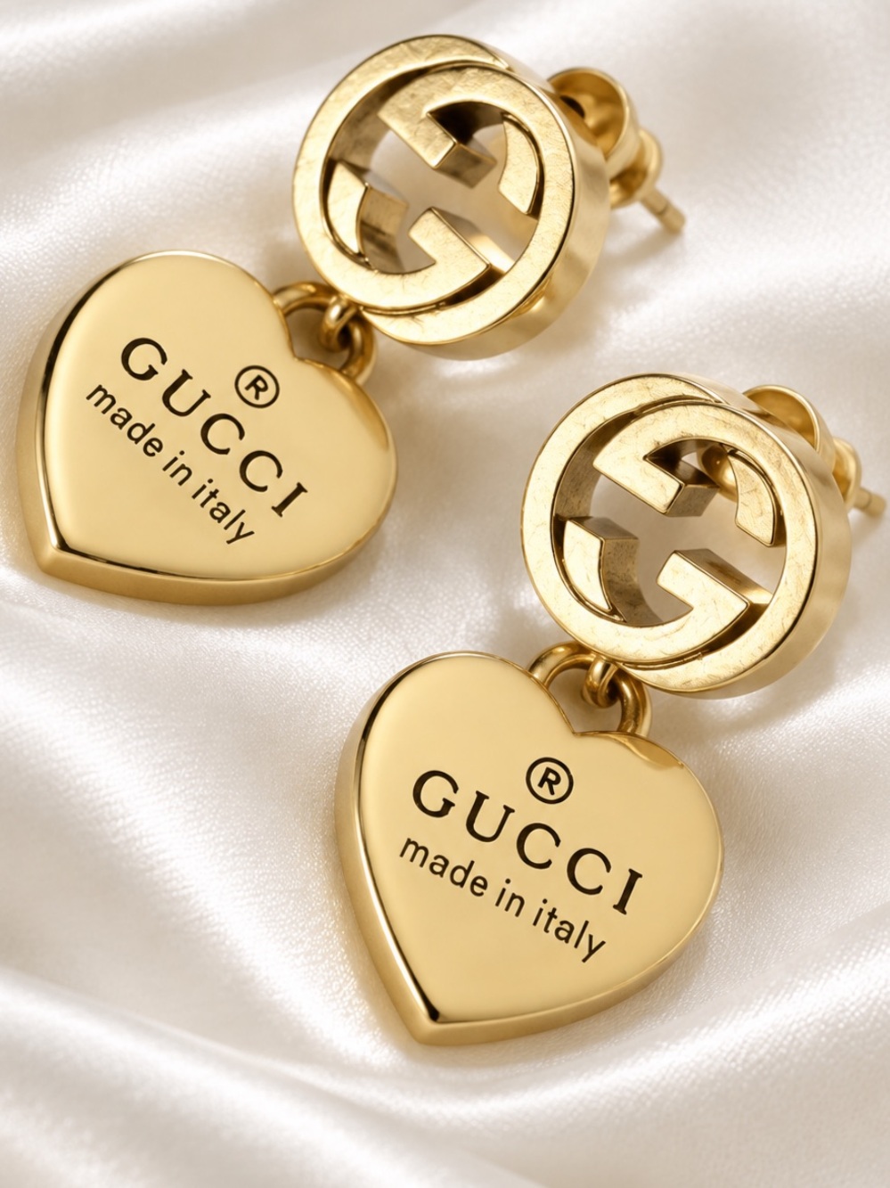 Gucci Gold Heart Drop Logo Earrings